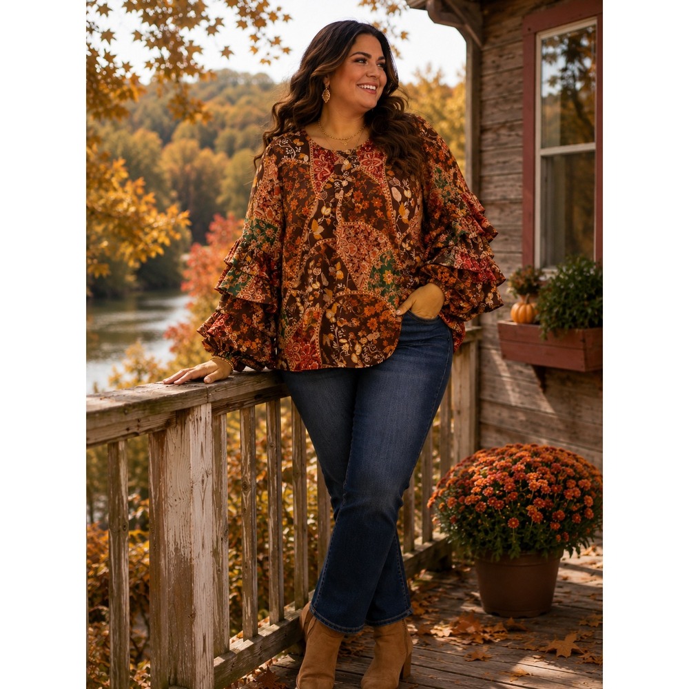 Cato Plus 22/24W Boho Patchwork Floral Blouse Ruffle Sleeve Fall Cottagecore